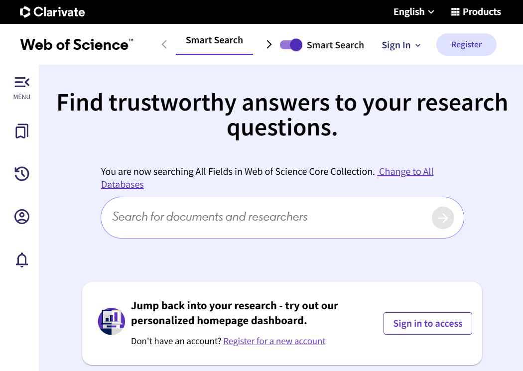 Screenshot of the Web of Science Core Collection Smart Search tool